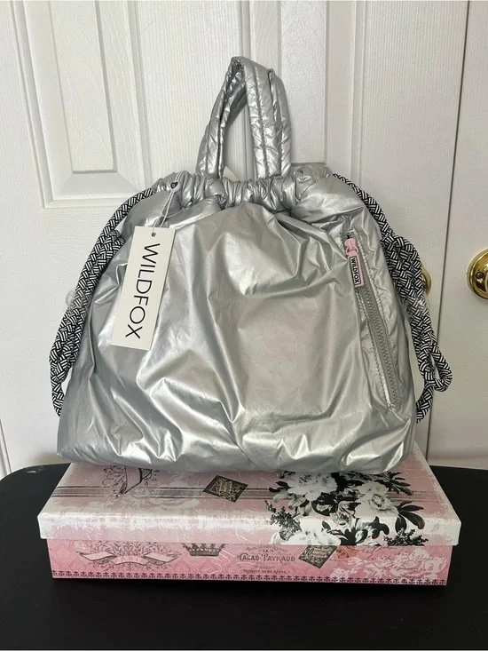 Wildfox Metallic Silver Puffer Tote with Patterned Rope Handles