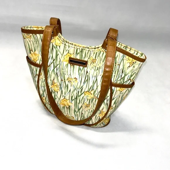 Longaberger Homestead Purse Handbag Leather Canvas with Pockets‎ Yellow Floral