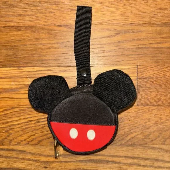Disney Baby Mickey Mouse Pacifier Pouch Carrying Travel Case Strap Black Red EUC