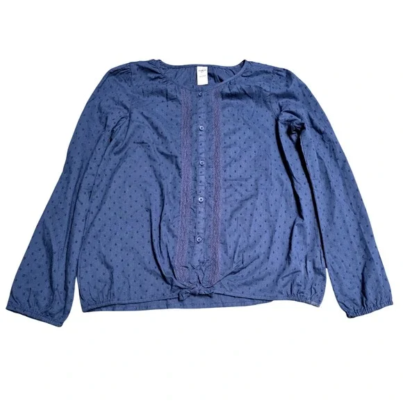OshKosh Bgosh Lace Trim Tie Front Blouse Girl's Size 14 14A Navy Blue Swiss‎ Dot