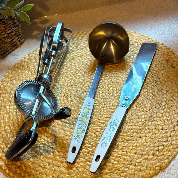 Vintage Stainless Kitchen Utensils - Spreader, Ladle, Hand Mixer