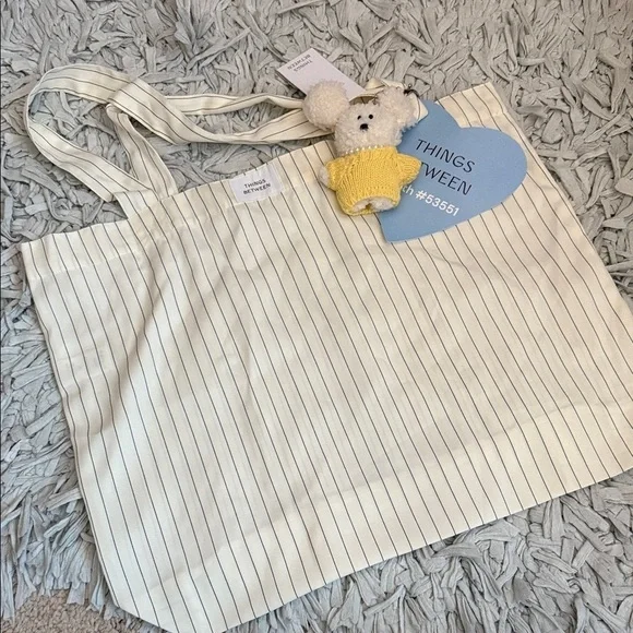 Striped Tote Bag with Bear Keychain
