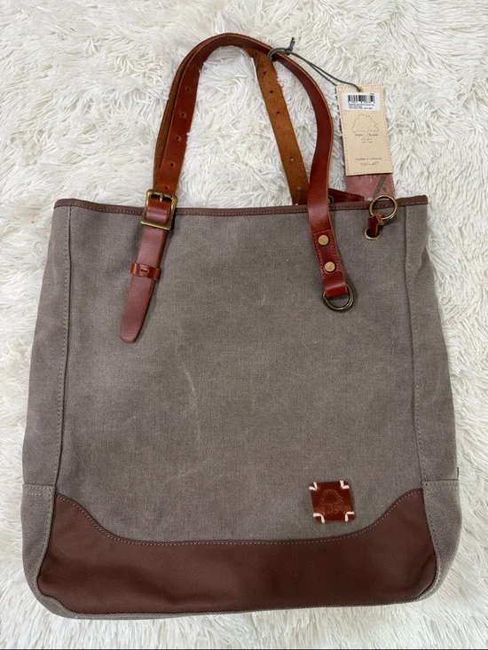 TSD Red wood Canvas Tote with Leather Trim and Brown Leather Handles