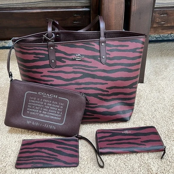 COACH tiger stripe reversible tote with pouch, wallet and wristlet set