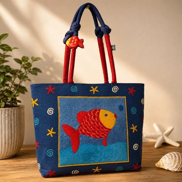 Vtg 90s Nautical Fish Canvas Tote Blue Red Beach Bag Wood Charm Maximalist Sea