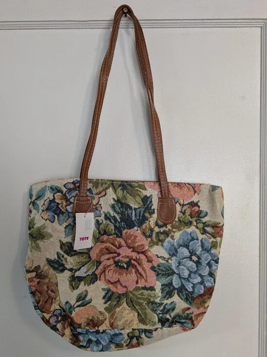 Floral Tapestry Tote with Brown Handles