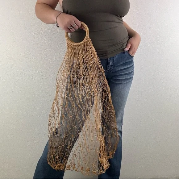 Vintage 90s Handmade Woven Straw Crochet Net Jute Farmers Market Large Tote Bag