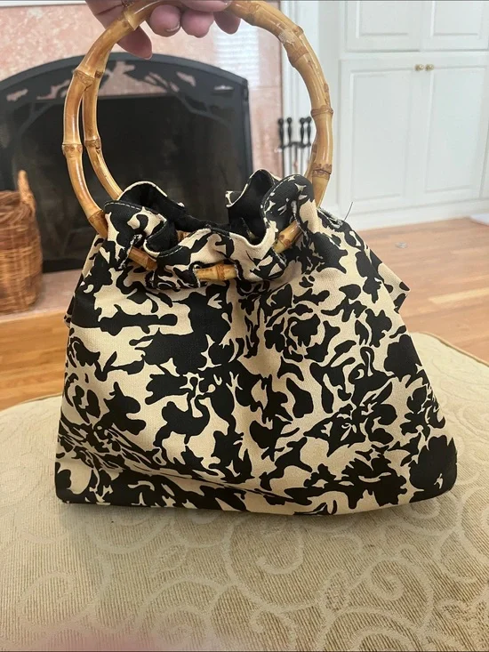 Black and Cream Floral Bamboo-Handle Tote Bag/Purse 100% Cotton