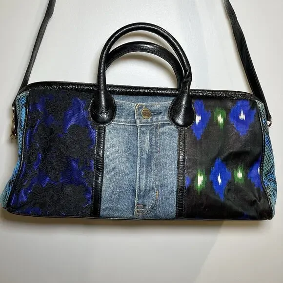 Vintage Clever Carriage Company Denim Lace And Leather Patchwork Tote Bag‎