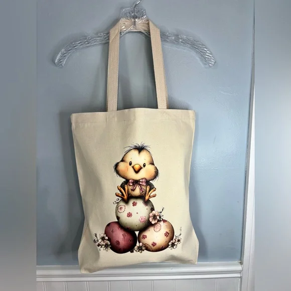 Cute Chick Tote Bag with Floral Eggs Cream Pink Easter Vibes Groceries Handmade