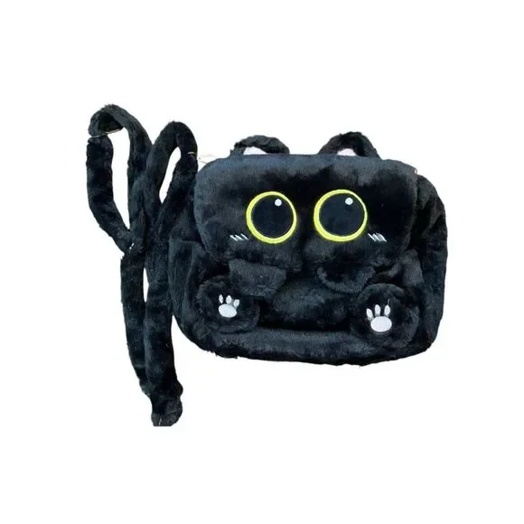 Faux Fur Plush Black Kitty Cat Backpack Stuffed Animal Bag Cute Girls Purse New