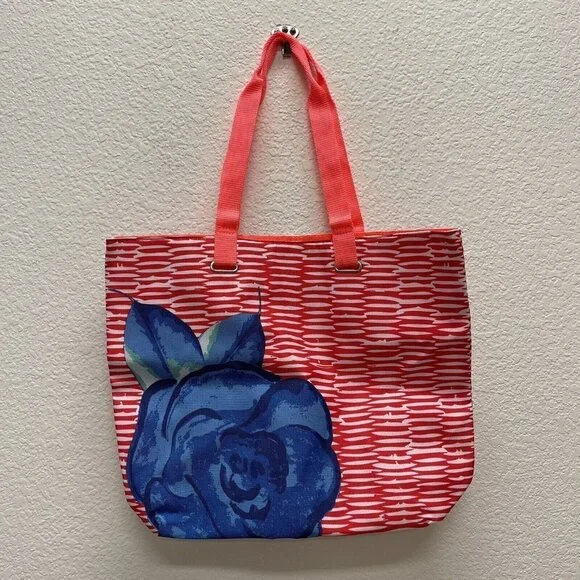 Lancome (Paris) Large Tote Bag Coral Blue Flower Floral Beach Boho Coastal Grand