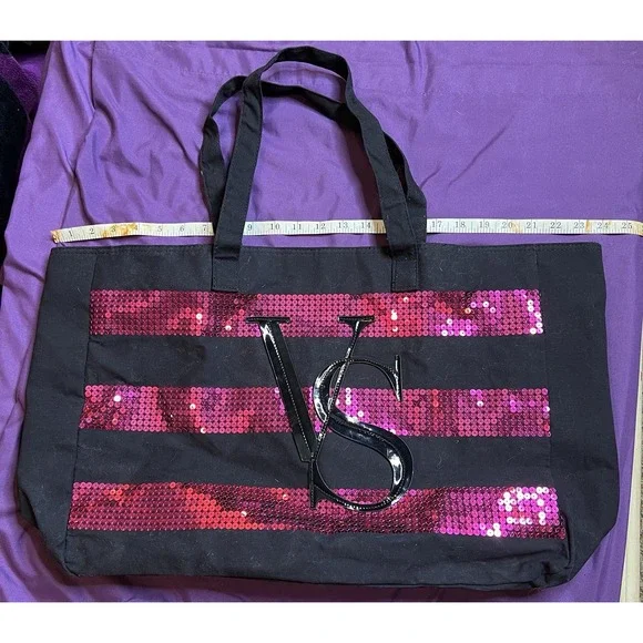 Victoria's Secret Women's Extra Large Black Canvas And Pink Sequin Tote Bag EUC