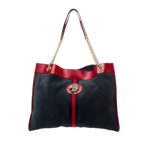 GUCCI Navy Blue Suede & Red Leather Trim Large Sylvie Web Rajah Tote Bag