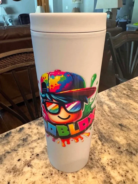 ROBLOX gray Travel Tumbler with Colorful Logo NEW IN BOX WITH STRAW