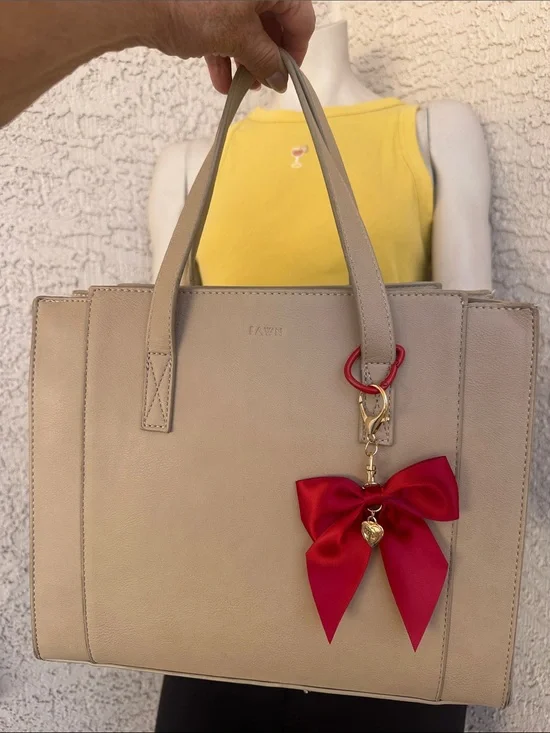 Fawn Design Taupe Tote with Red Bow Charm
