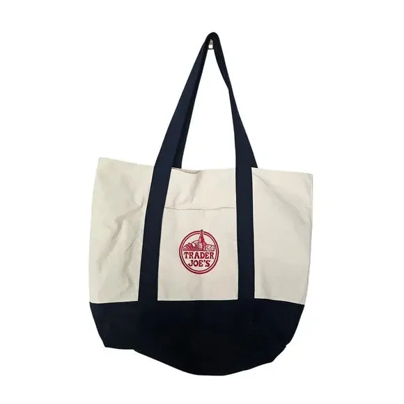 Trader Joe's Embroidered Boat Tote Bag Reusable Canvas Navy Gorpcore Market