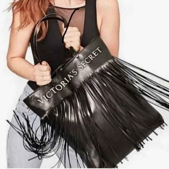 Y2K Large Victoria's Secret Boho Gothic Black Tote with Fringe goth