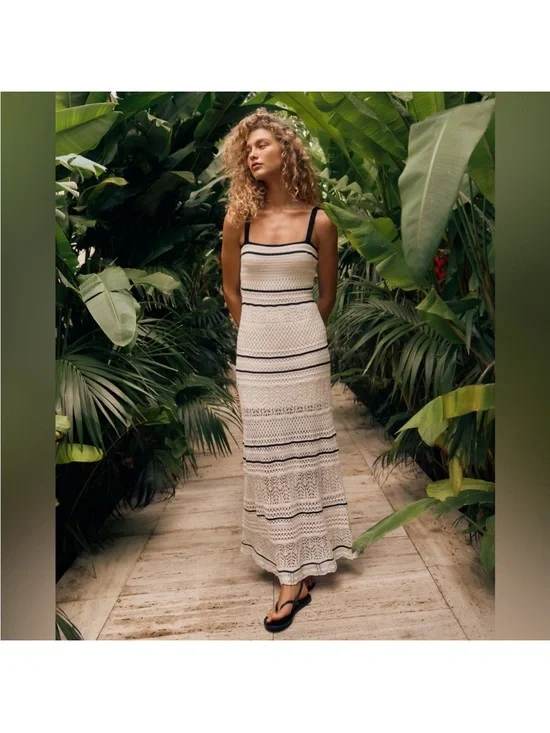 Abercrombie Women's Cream Crochet Maxi Dress with Black Trim