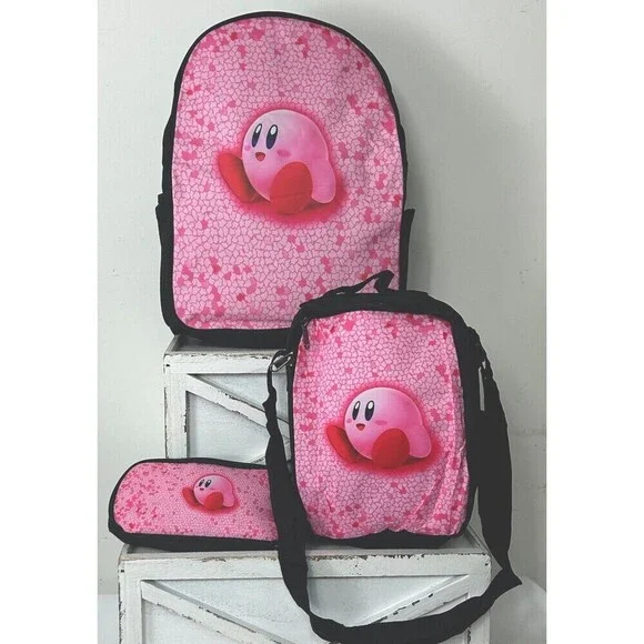 Kirby Cartoon Game Student School Backpack 3pc Set Insulated Lunch Bag Pen Bag