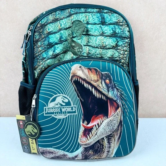 Jurassic World Kids Dinosaur Backpack 17'' Strap Reflective Water Resistant NWT