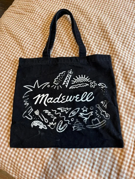 Madewell Black Canvas Tote with White Doodle Logo