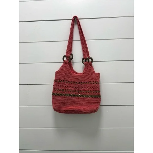 Handwoven Coral Crochet Tote Bag with Wooden Ring Handles