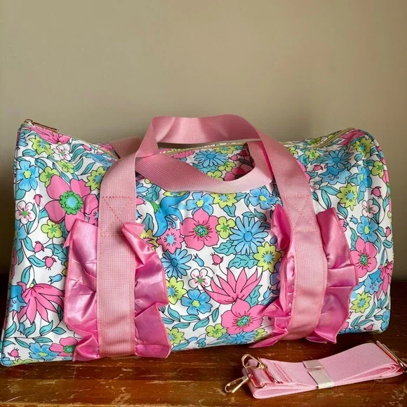 Blue Green Floral‎ Ruffle Duffel Bag Travel Carry On Weekender 18x10 Boutique