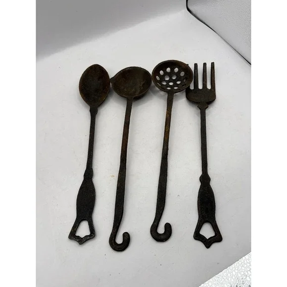 Vintage 4 Piece Cast Iron Kitchen Utensils Hanging Rustic Primitive Patina Farm