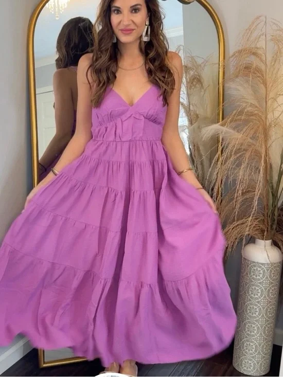 Abercrombie & Fitch Lavender Tiered V-Neck Maxi Dress