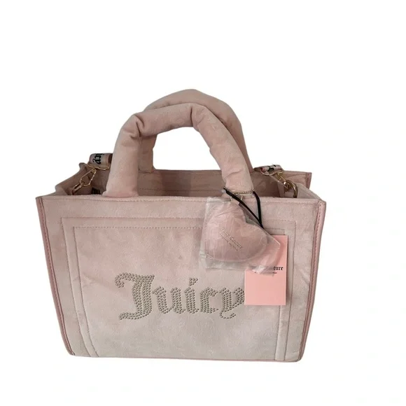 NWT Juicy Couture Large Pink Velour Tote Bag with Heart Charm