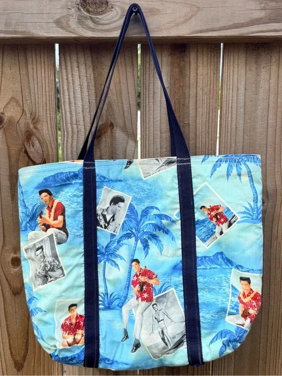 Vintage Elvis Presley Hawaiian Tote Bag Blue Tropical Beach Quilted Large