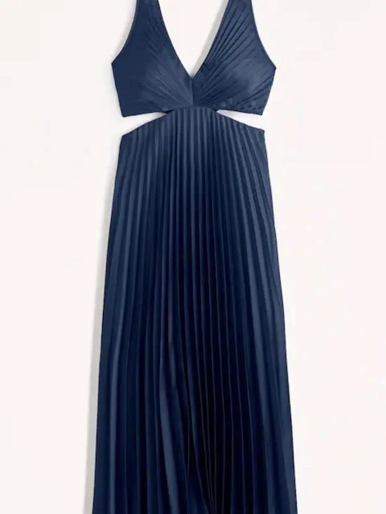 Pleated V-Neck Cutout Maxi Dress in Navy