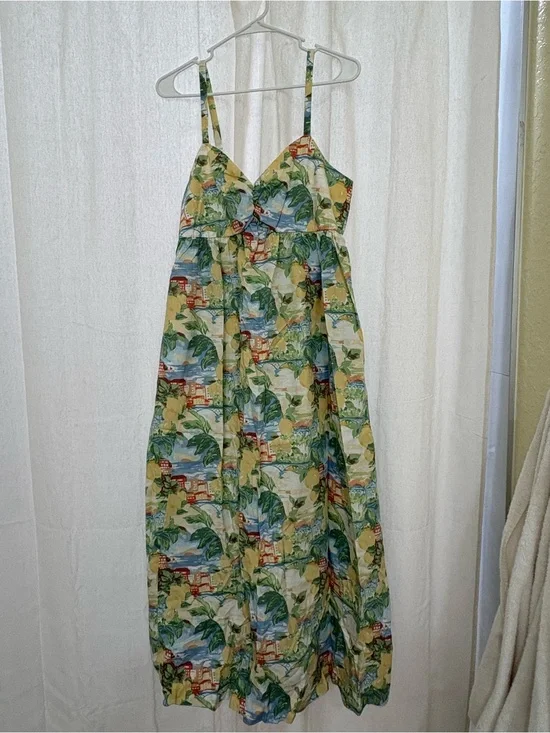 Tropical Print Spaghetti Strap Maxi Dress - Yellow & Green