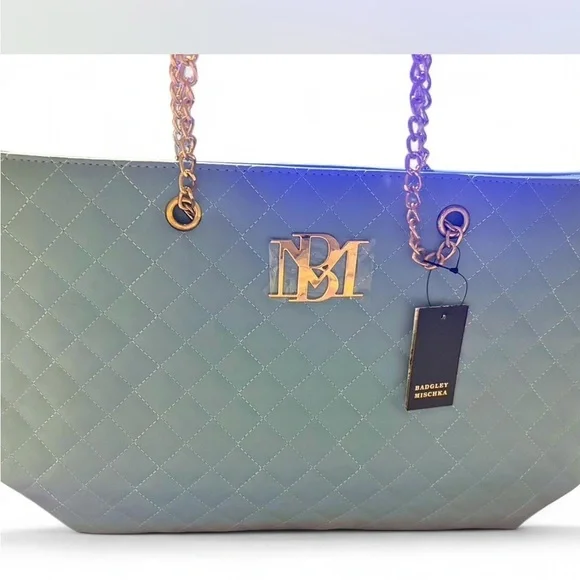 Badgley Mischka Quilted Tote in Blue with Gold Chains