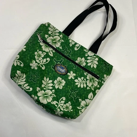 Hawaii Spirit Beach‎ Tote Bag Green Hibiscus Floral Sea Turtle Travel 16x13
