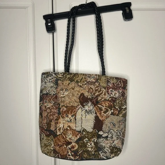 Vintage 1990s Tapestry Cat Tote Bag w/ Matching Wallet