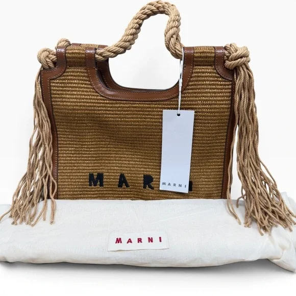 Marni Marcel Medium Raffia Tote Bag Tan  Fringe Rope Handle Raffia Leather $995