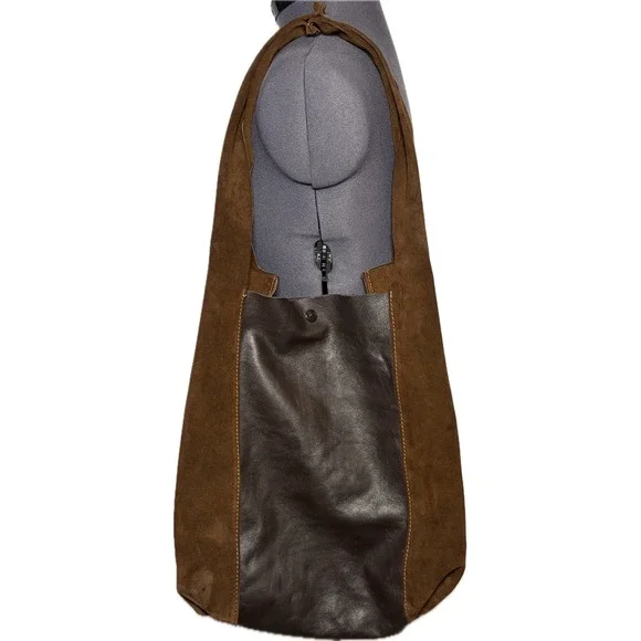 Brown Suede & Leather Tote Shoulder Bag Slouchy‎ Boho Two-Tone Snap STAINED