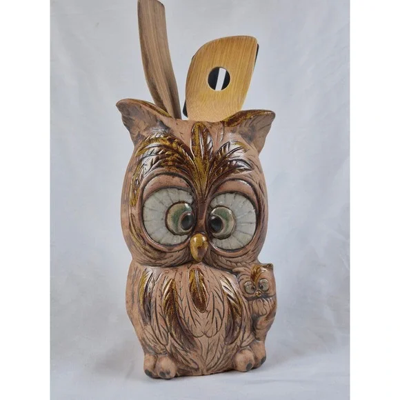 Vintage USA Owl Utensil Holder Cross Eyed Baby Owl Ceramic Kitchen Crock 2051