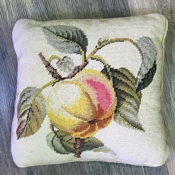 Vintage peach design needle point accent  pillow with yellow velour back