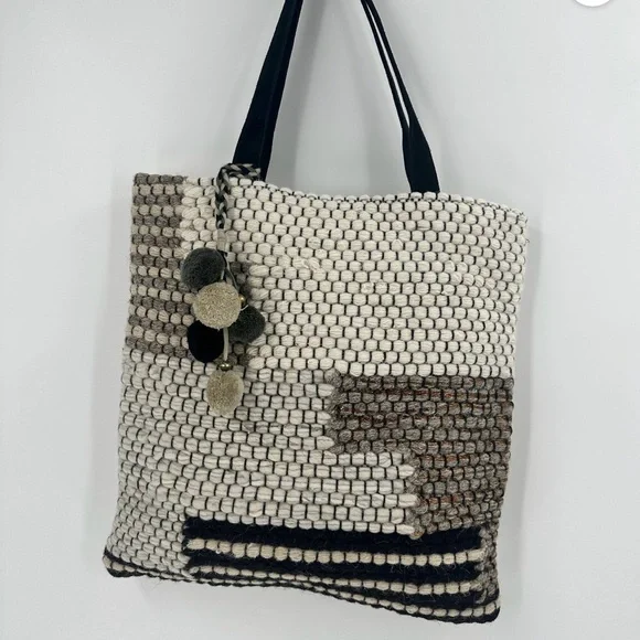 Stylish Woven Tote Bag - Black, White, and Brown