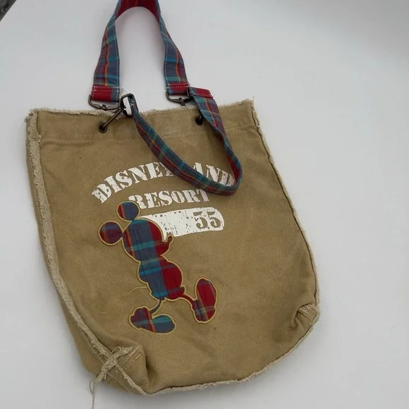 Walt Disney World Plaid Mickey Mouse Tan Tote Disney Parks Canvas Bag EUC!