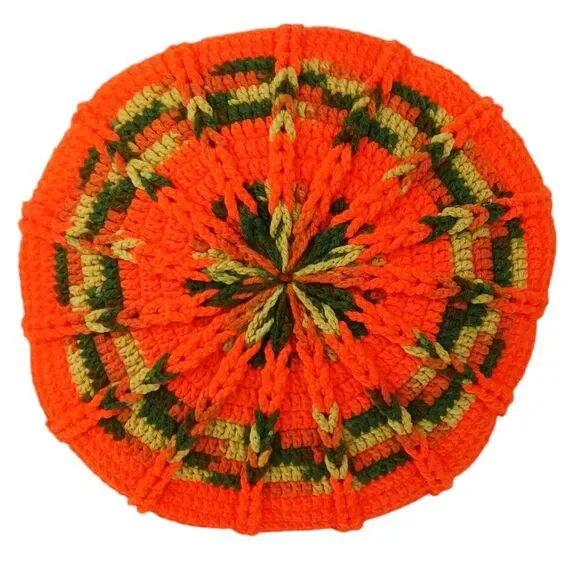 Vtg 1970s throw pillow crochet round decor Avocado Green Orange Gold Autumn