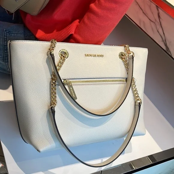 MICHAEL KORS Jet Set Medium Front Zip Pebbled Leather Chain Tote Bag Light Cream