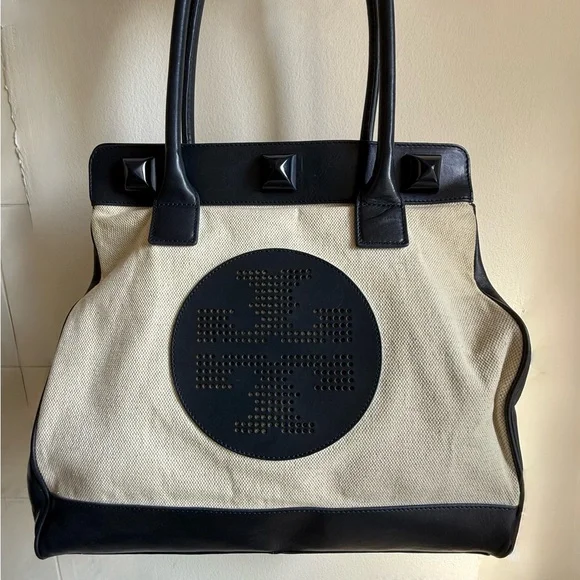 Tory Burch Navy Blue and Canvas Cream Women's Tote Bag