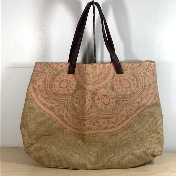 Beachy Jute Tote Bag with Pink Mandala Print