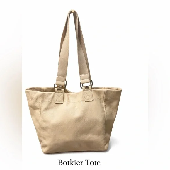 🛍️ BOTKIER New York Nude/Beige Pebbled Leather Tote Bag w/ Logo Web Strap