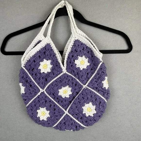 Crochet Top Handle Bag Handmade Granny Square Medium Tote Purse Purple Flower