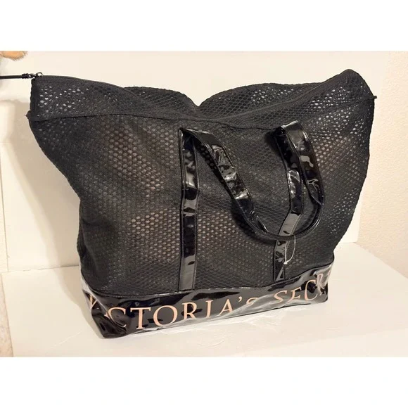 Victoria's Secret Black Mesh‎ Tote Bag Rose Gold Logo Vinyl Trim Y2K collectible